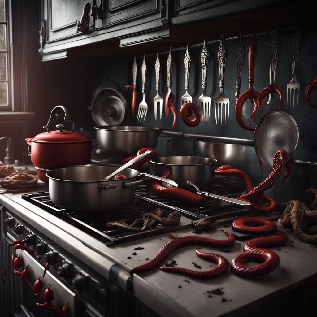 Scary kitchen appliances such as monster forks, vampire kniv...