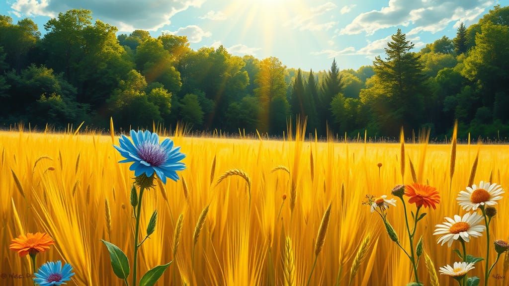 Golden Wheat Field with Wildflowers, Impressionist Style