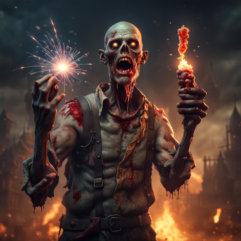 zombie holding a fire cracker