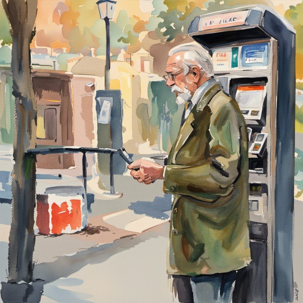 Impressionist Old Man Buys Ticket in Gouache Style