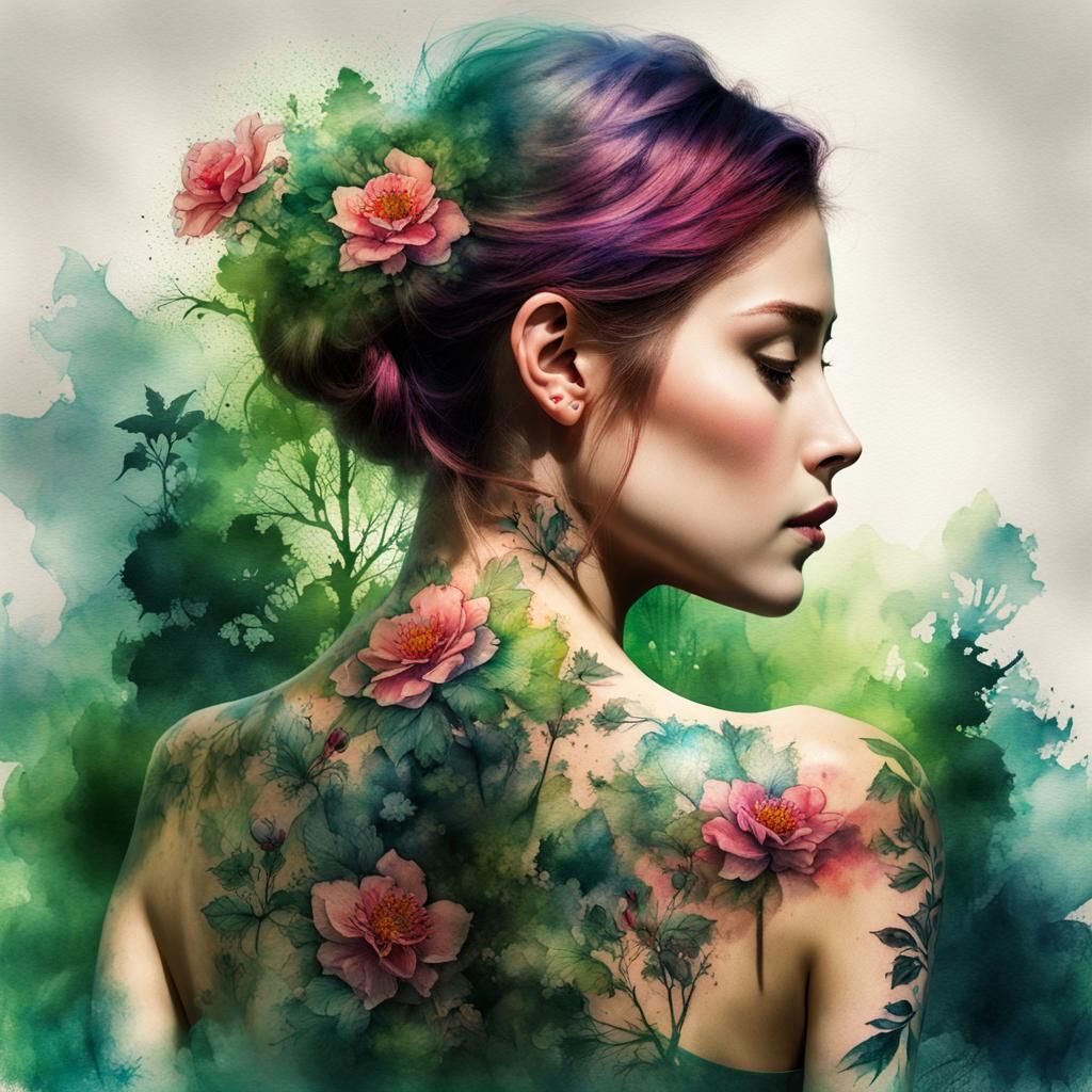 Fantasy Watercolor Tattoo of Rose on Woman's Back