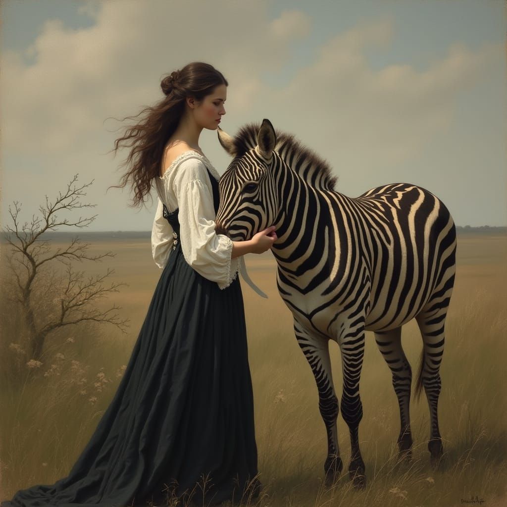Woman Petting Zebra in Serene Landscape