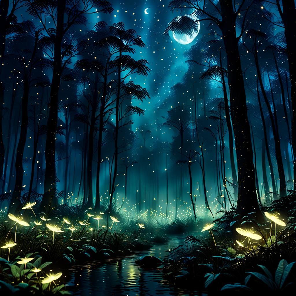 Magical Bio Art Forest at Night with Fireflies