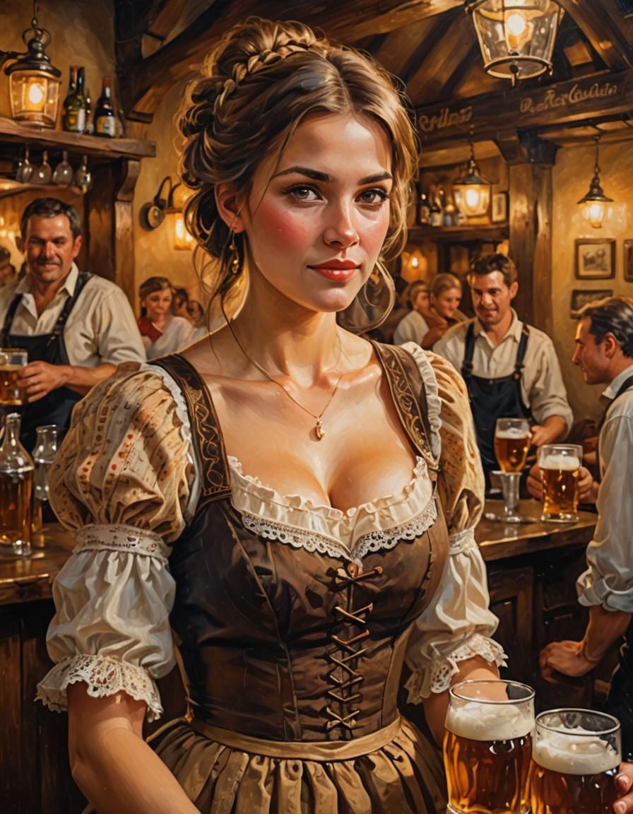 Bavarian Barmaid in Tavern: Oil Painting with Chiaroscuro