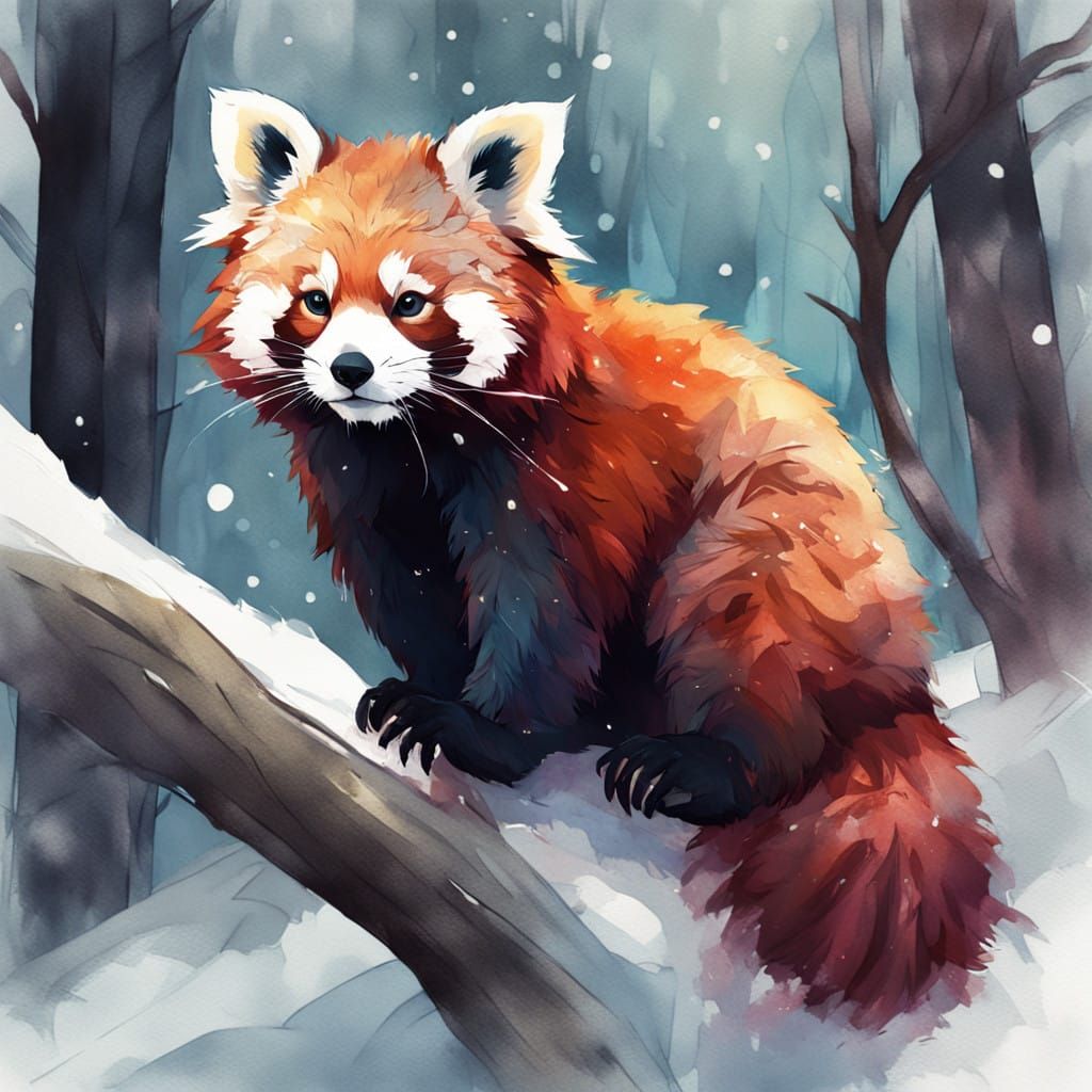 Whimsical Red Panda Climbs Snowy Tree in Watercolour Style