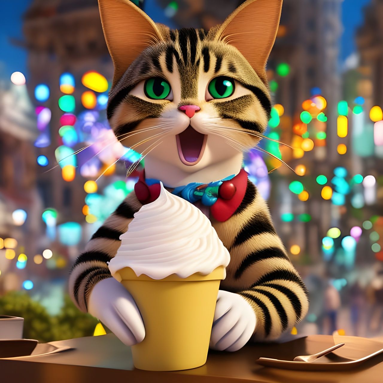 Whimsical Tabby Cat Enjoys Ice Cream: Digital Illustration