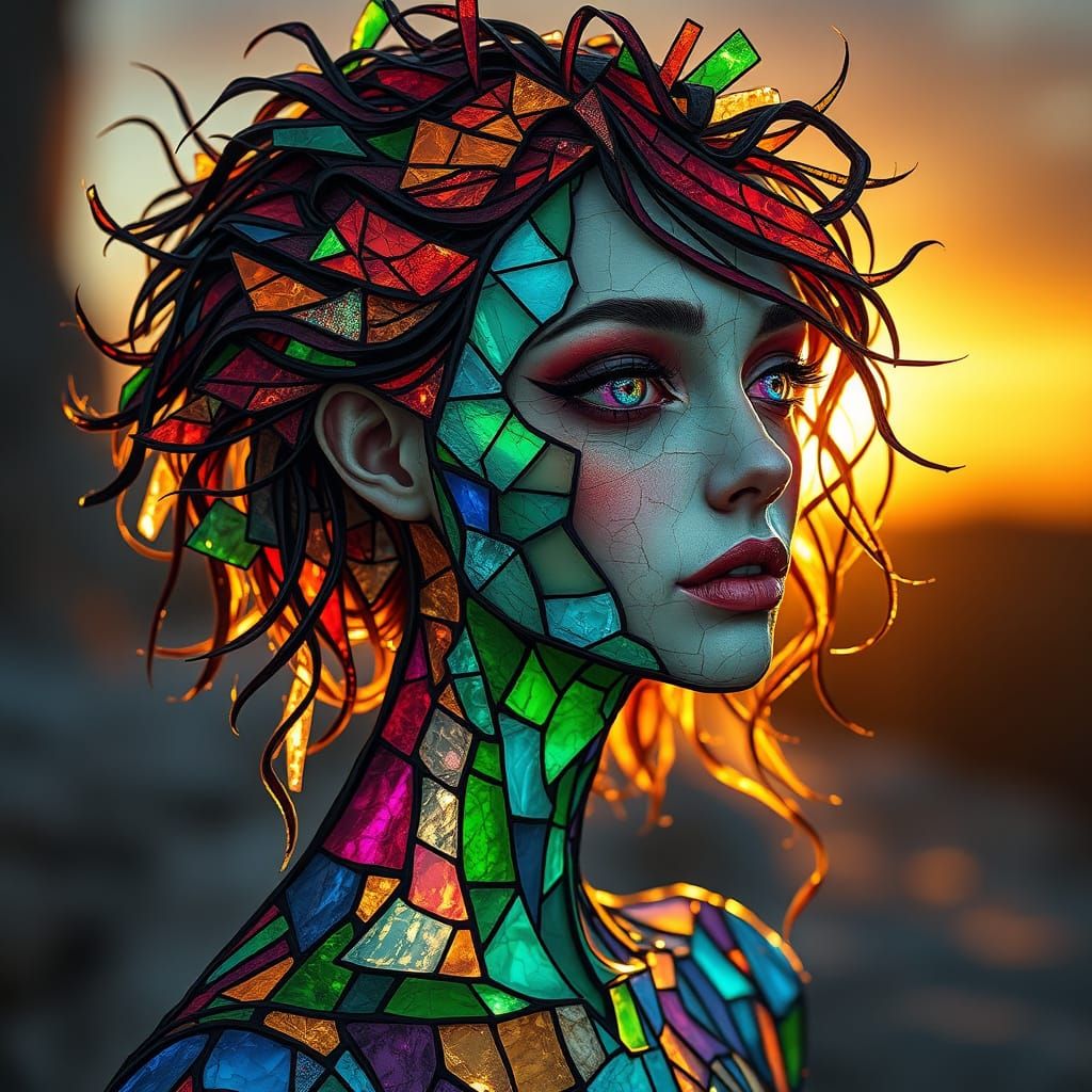Vibrant Stained Glass Woman in Ethereal Light