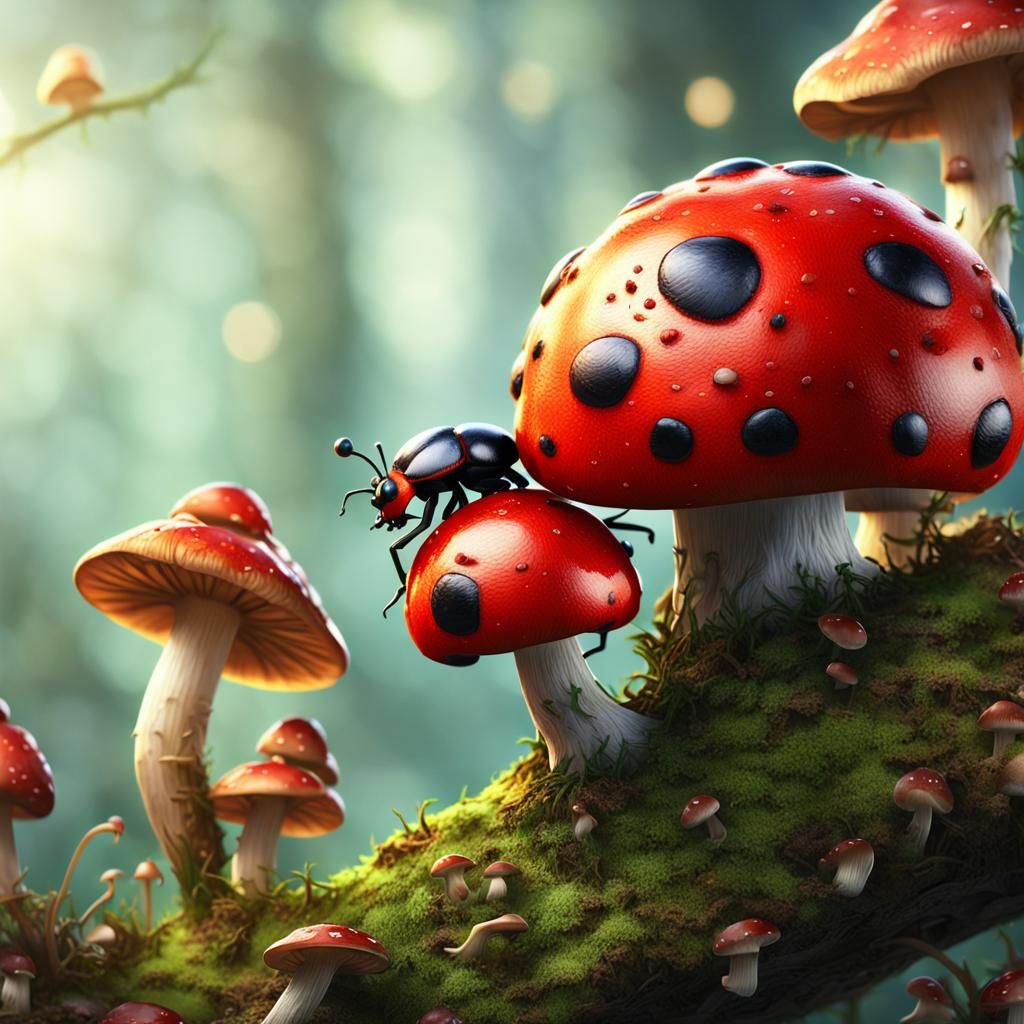 Ladybug with Mushroom Growth: Ecological Macro Art