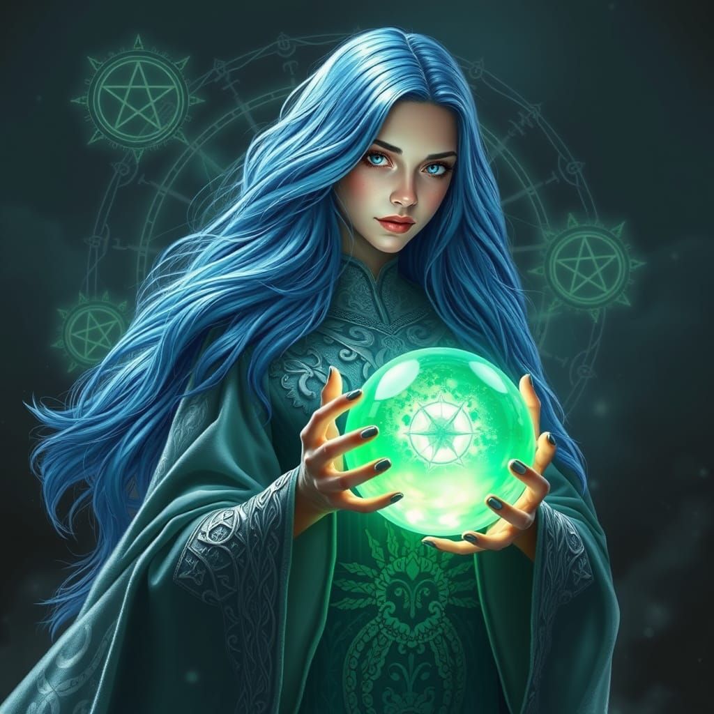 Blue-Haired Wizard with Crystal Ball in Digital Art