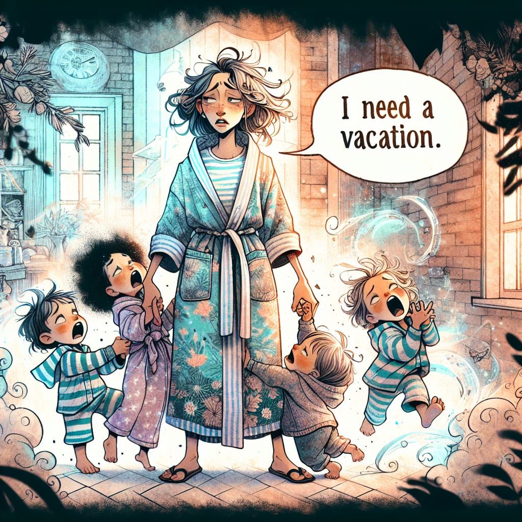 Exhausted Mom Surrounded by Children in Cartoon Style