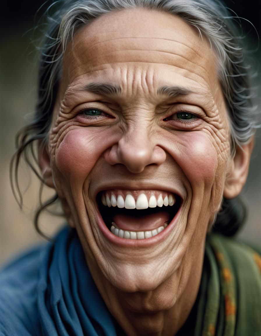 16k resolution, art by Annie Leibovitz, Steve McCurry, captivating portrait of a person laughing, subtle smile to full l...