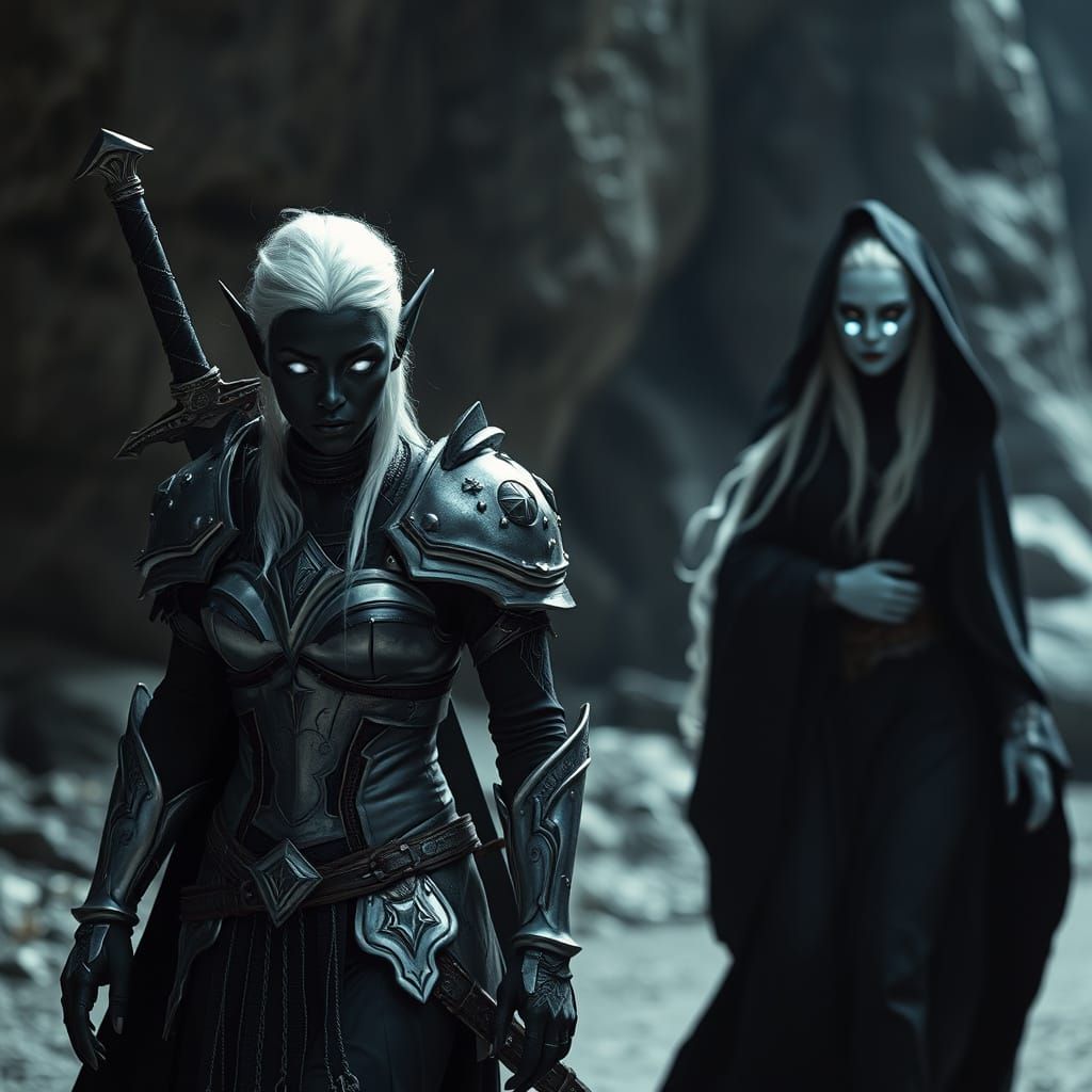 Drow Elf Sisters in Dark Fantasy Cinematic Scene