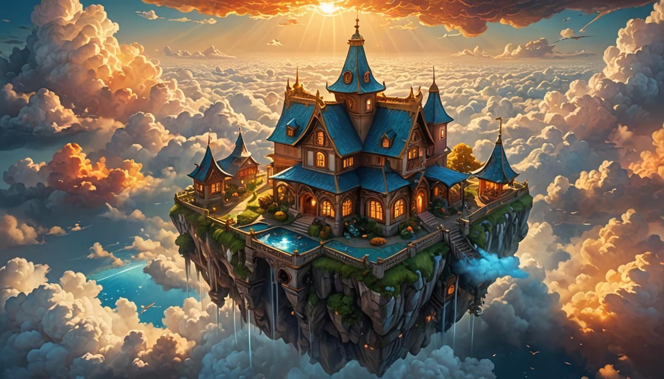 Heavenly House Floating in Clouds: Fantasy Concept Art