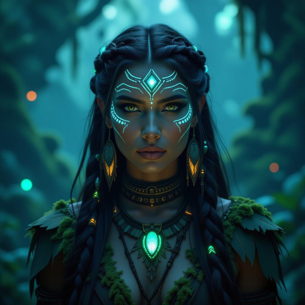 A stoic tribal woman with intricate face paint, standing at ...