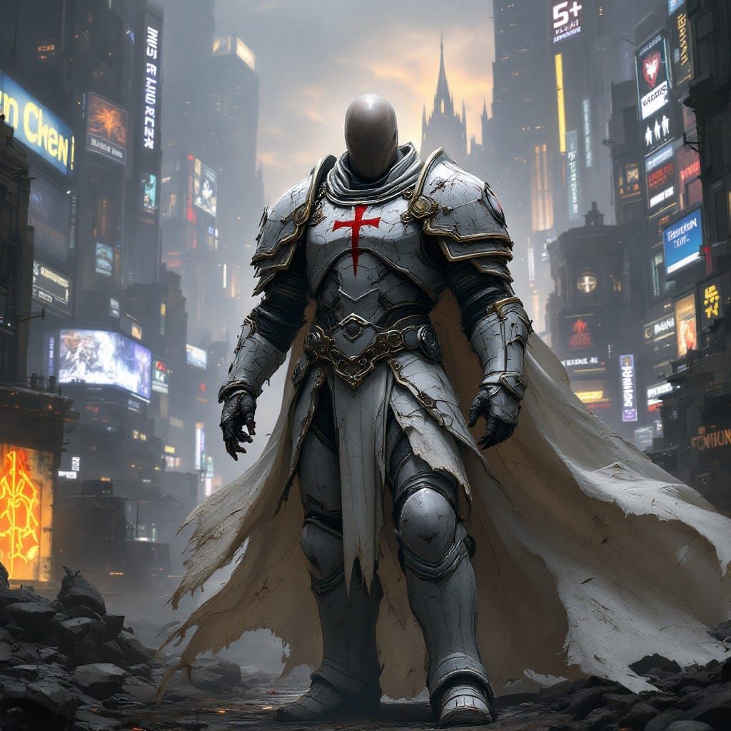 Cyberpunk Templar Knight in Futuristic Armor