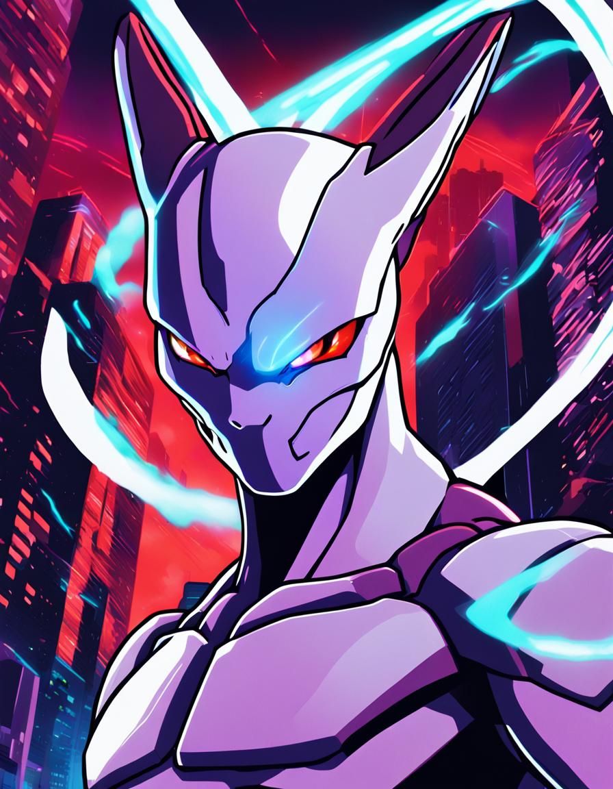 Mewtwo Portrait in Manga Style with Glowing Aura