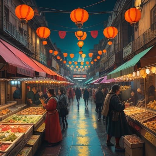 Electric Night Market Scene with Vibrant Street Food and Han...