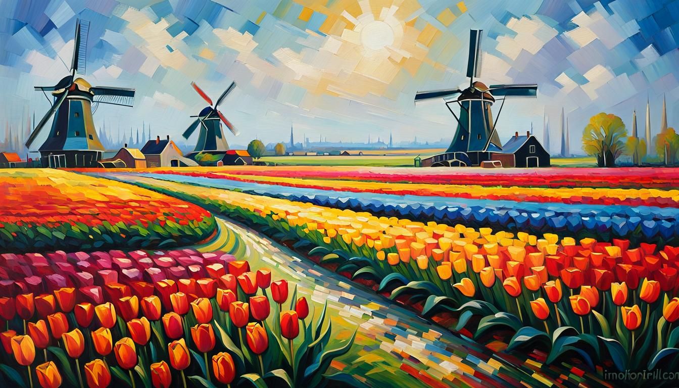 Dutch Tulip Fields: An Expressionistic Oil Painting