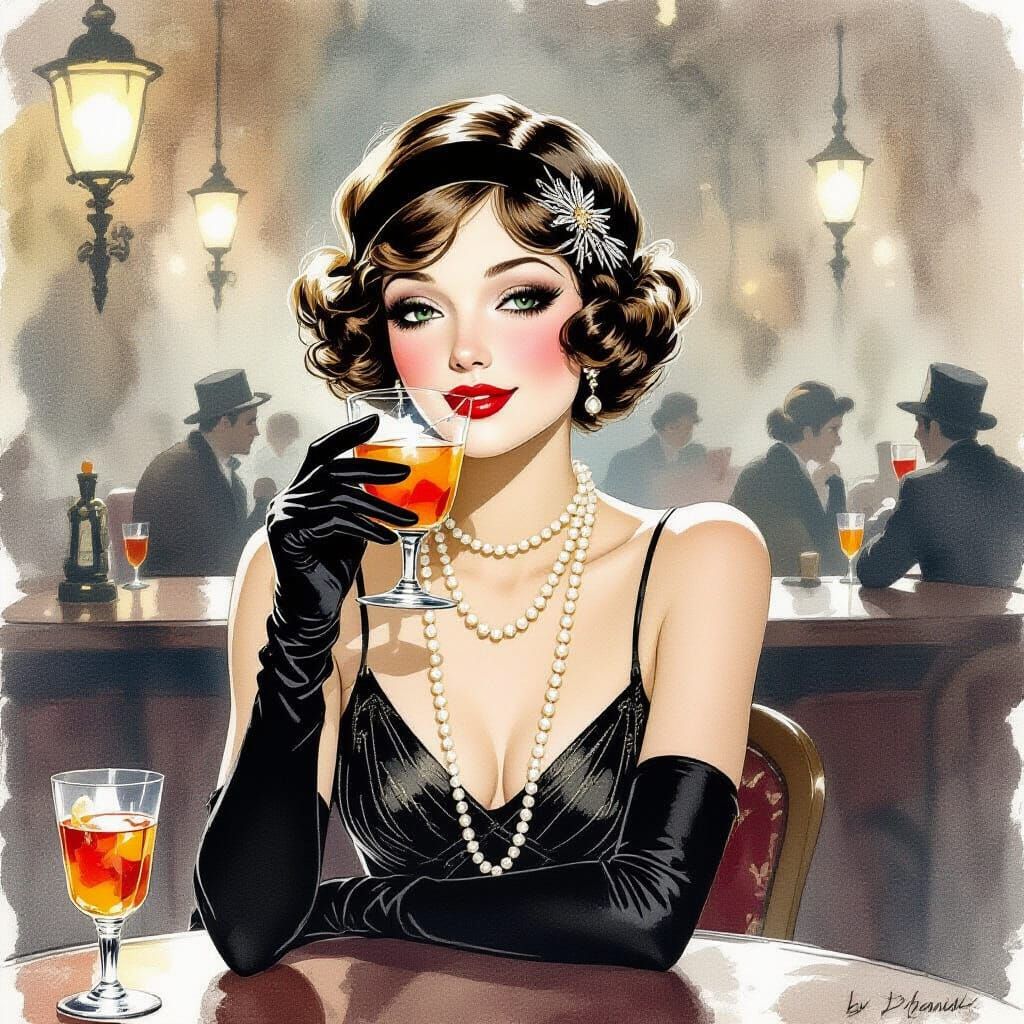 1920s Woman Sipping Cocktail in Watercolor Style