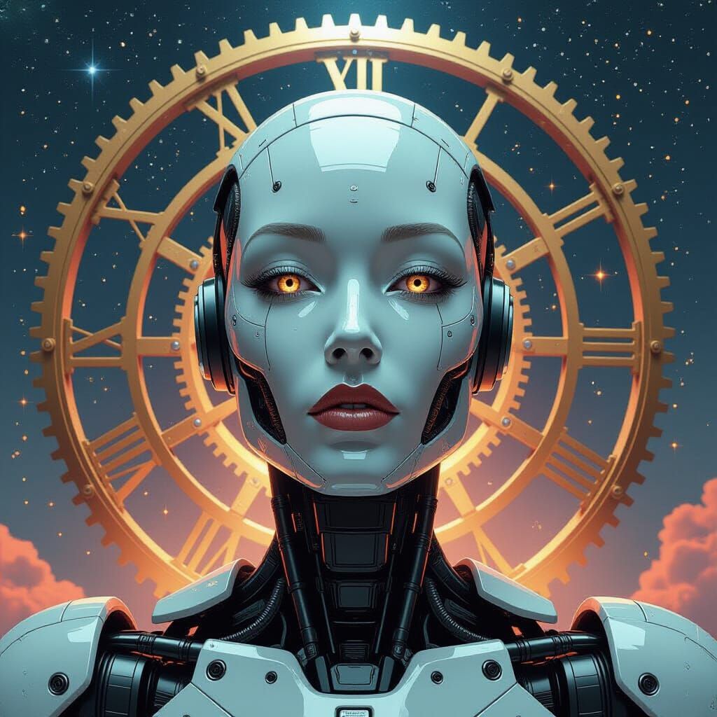 Futuristic Robot with Digital Words and Clockwork Cosmos