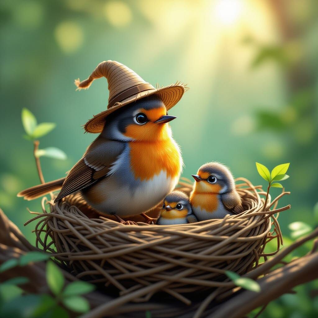 Robin With Babies in Nest: Pixar-Inspired 3D Art