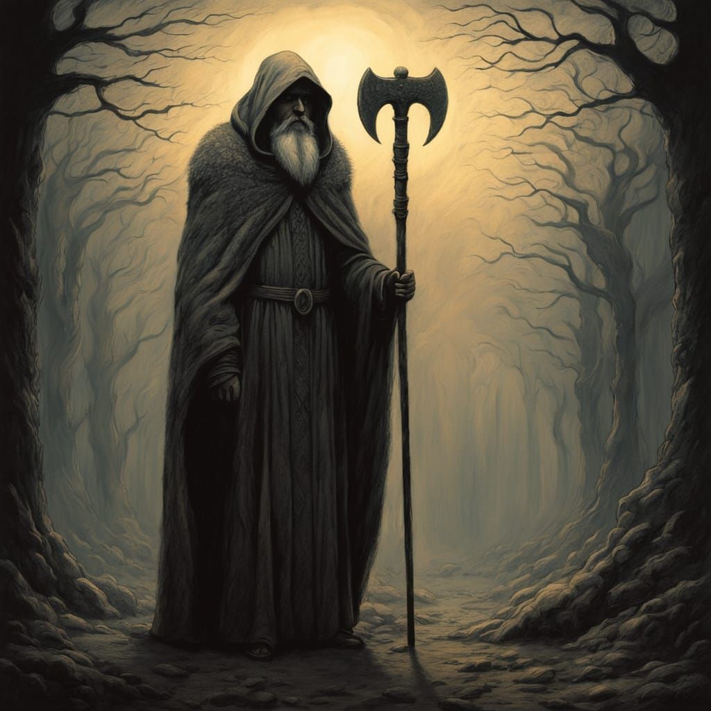 Mysterious Priest in Dark Fantasy Charcoal Drawing