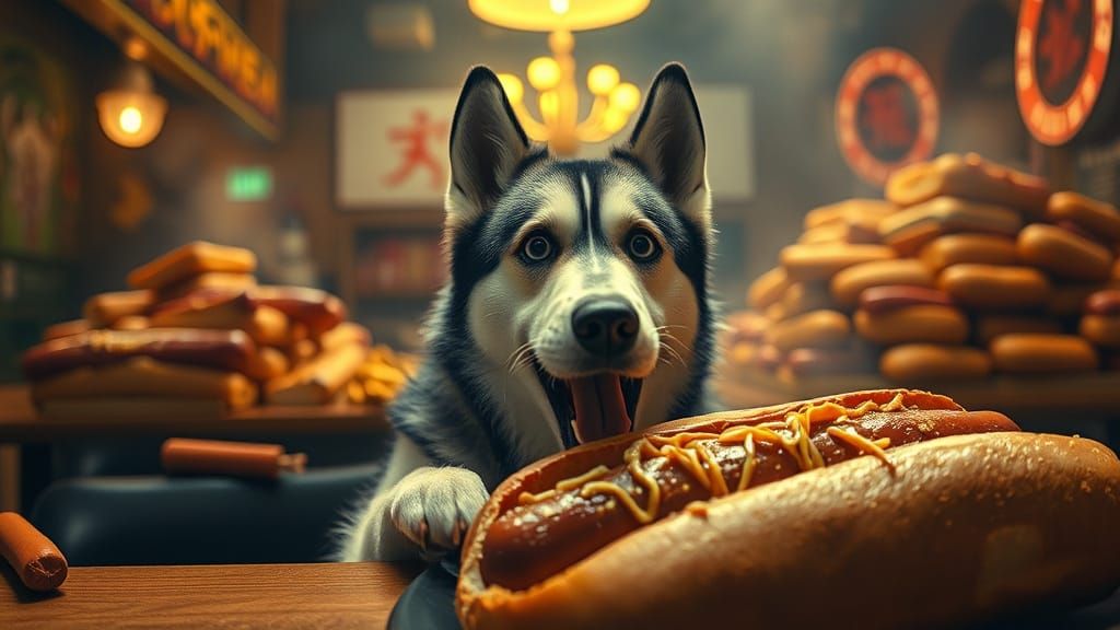 Husky in Awe of Giant Hot Dog at Food Challenge Restaurant