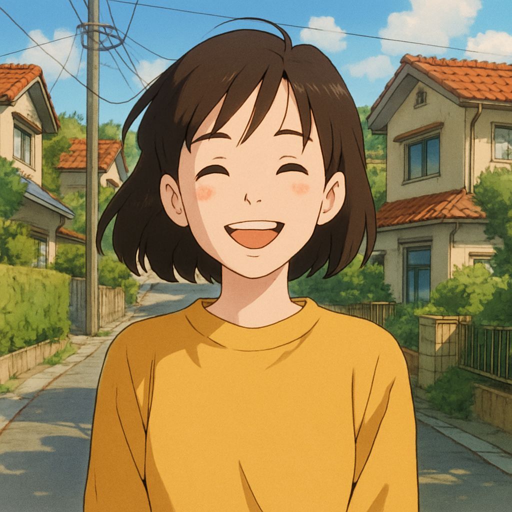 Serene Japanese Woman Smiles in Cozy Town