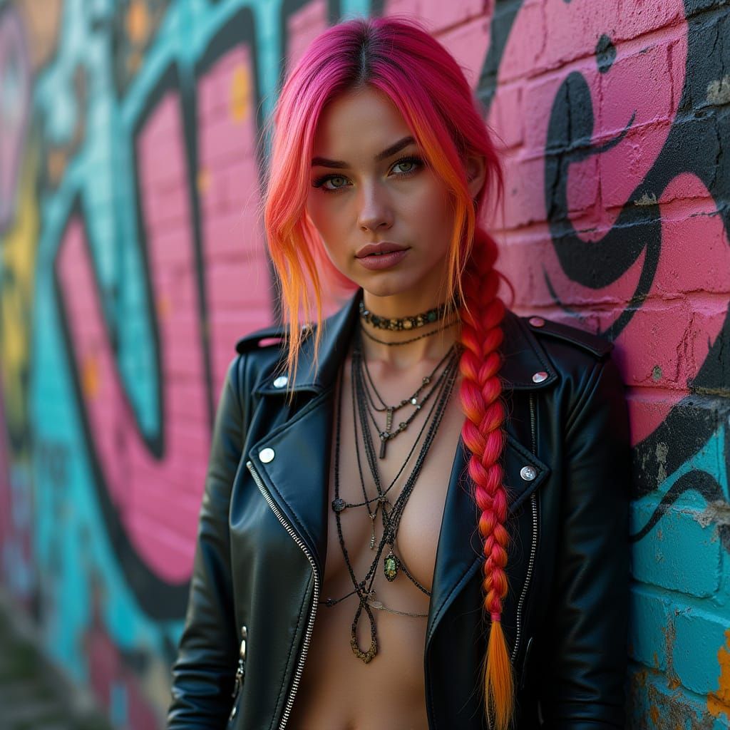 Vibrant Haired Woman in Graffiti Alley, Digital Art