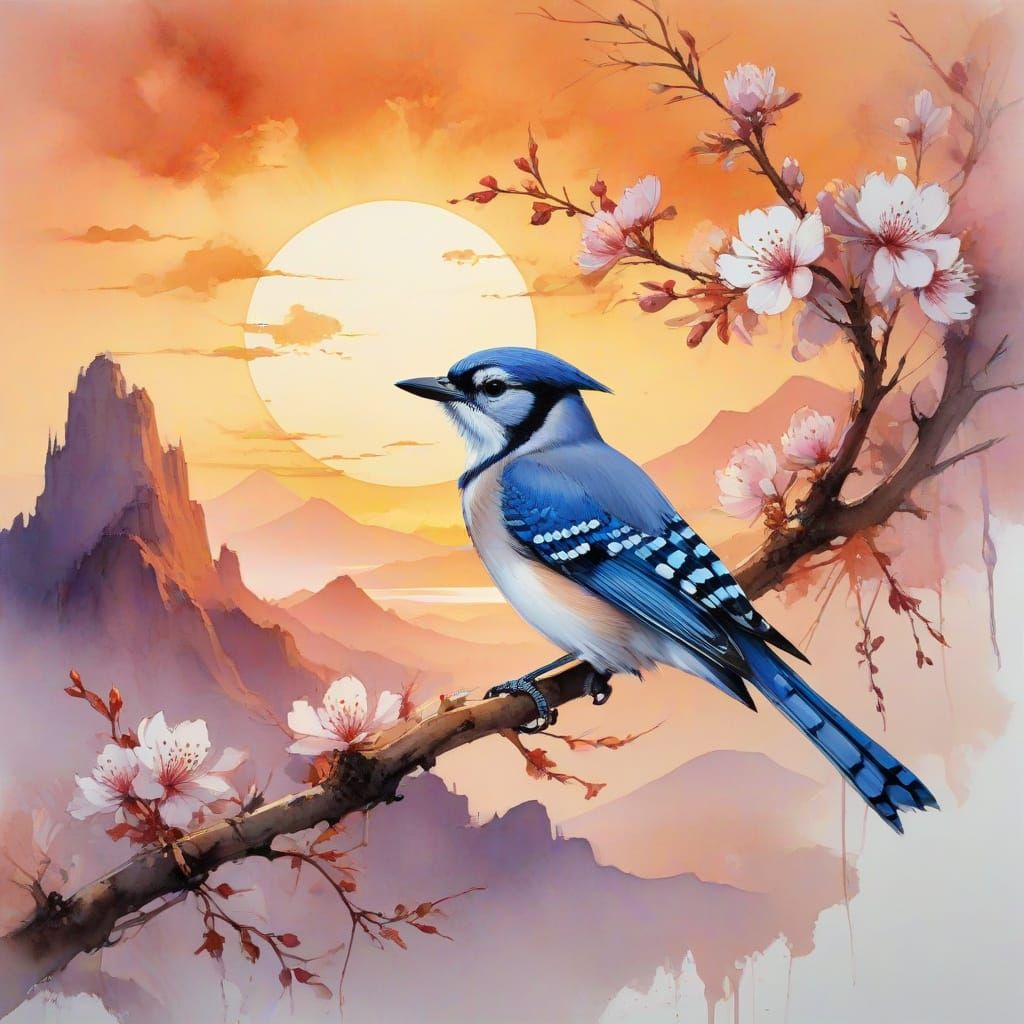 Whimsical Blossom Tree Scene at Sunset in Elegant Watercolou...