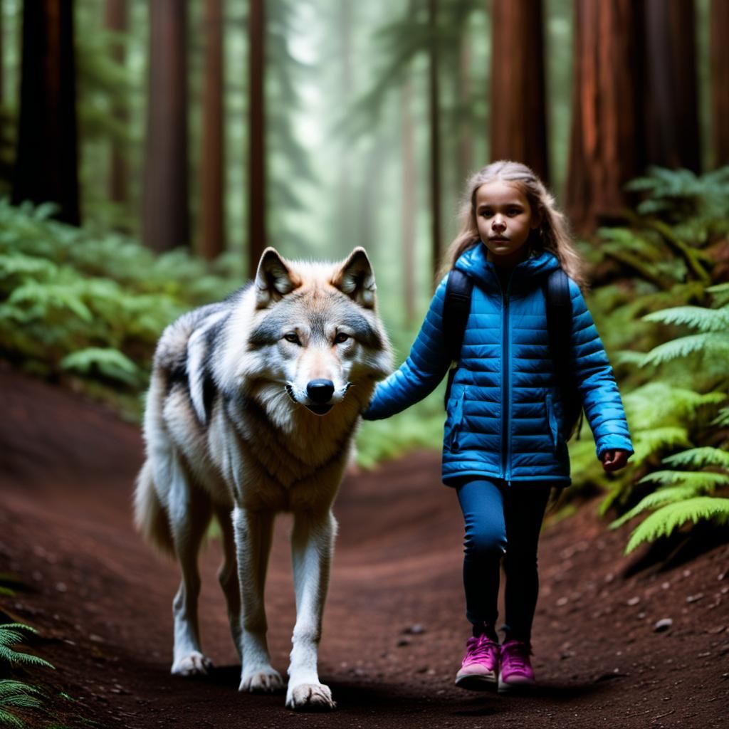 White Wolf and Girl in Redwood Forest