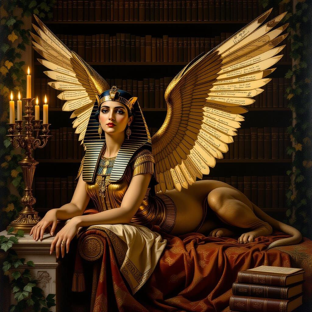 Majestic Sphinx in Library, Pre-Raphaelite Painting