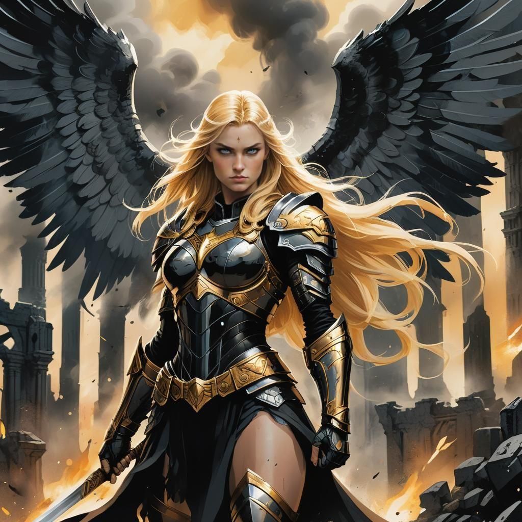 Blonde Valkyrie in Black Armor on Battlefield