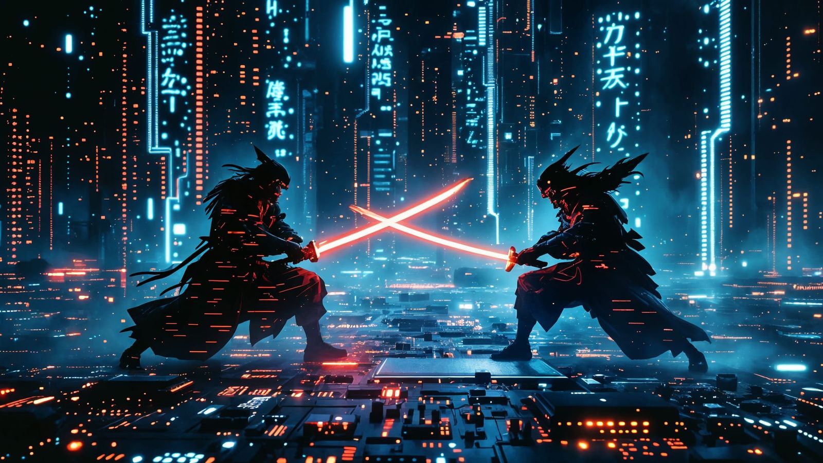 Cyberpunk Samurai in Glitching Digital Landscape