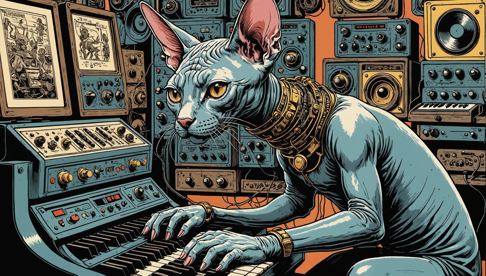 Sphynx Cat Plays Synth in Vintage Comic Style