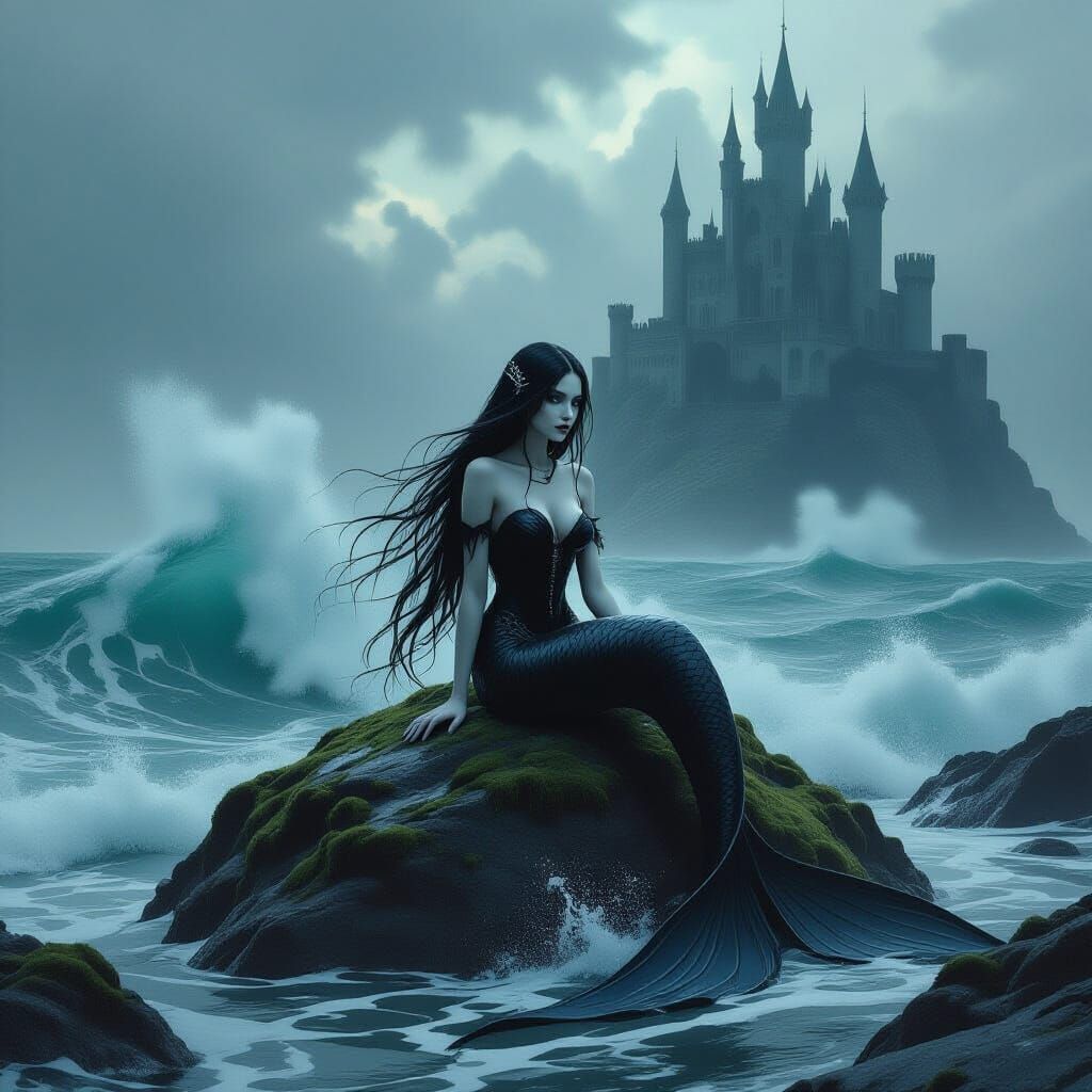 Gothic Mermaid in Turbulent Sea with Castle