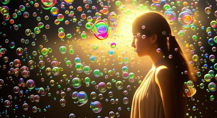 Girl Under a Shower of Delicate Soap Bubbles