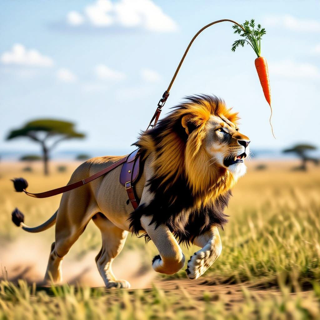 Lion with Carrot Harness Galloping Through Savanna