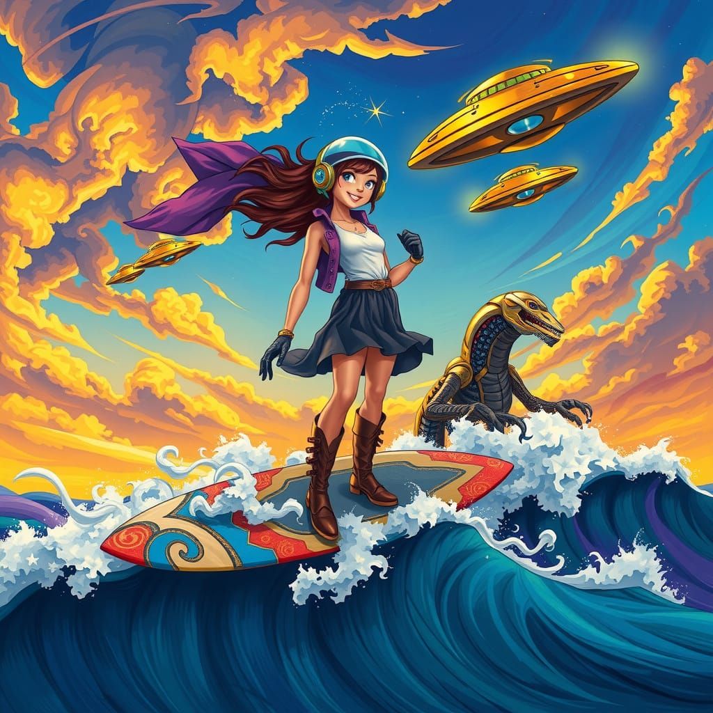 Whimsical Surfer Woman Rides Celestial Waves