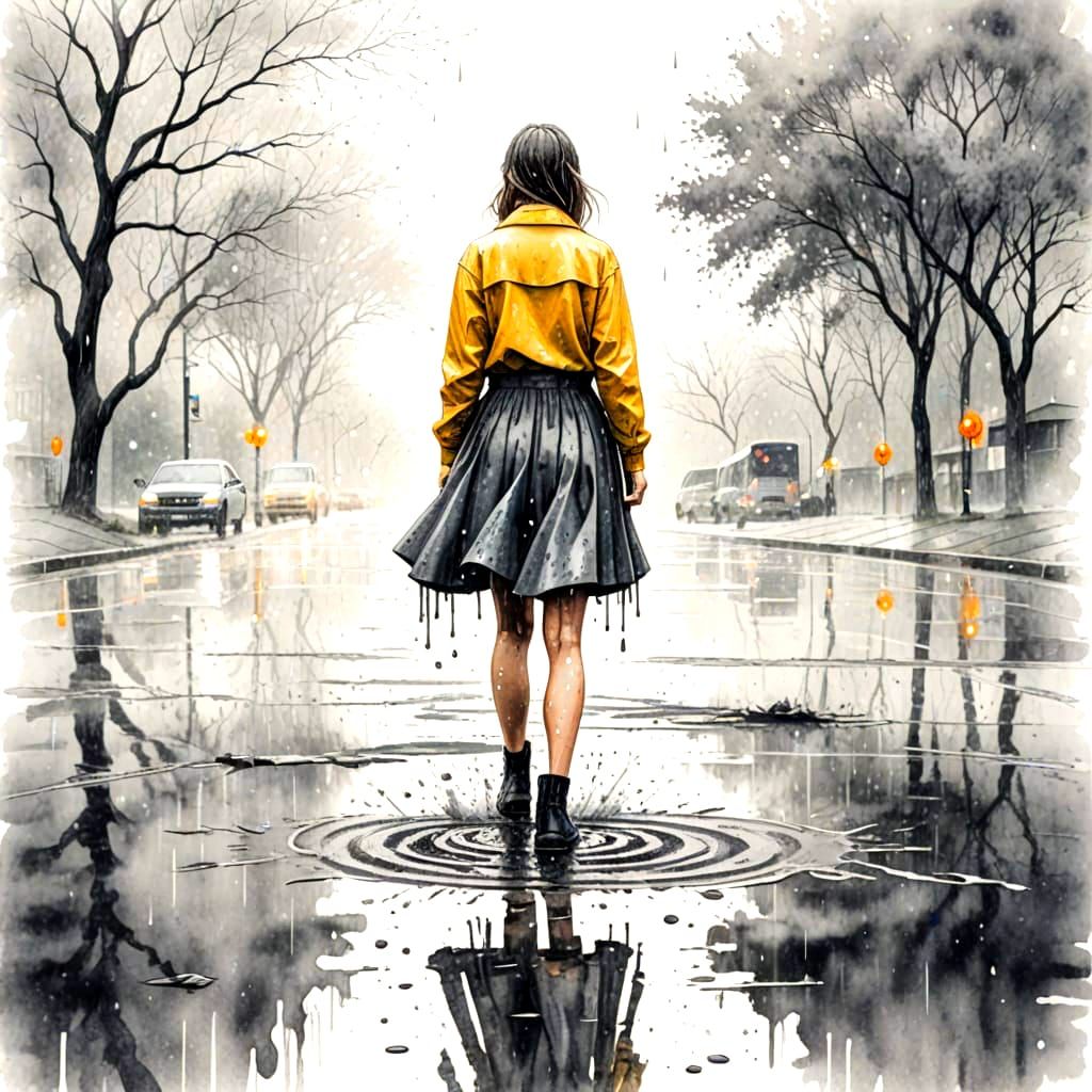 Surreal Monochromatic Watercolor of a Woman in a Rainy Puddl...