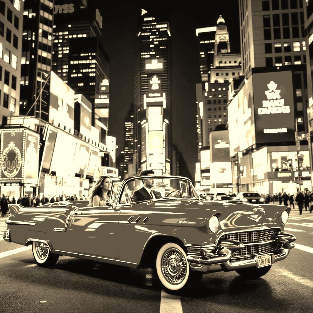 Old Red Cadillac on 5th Avenue at Night
