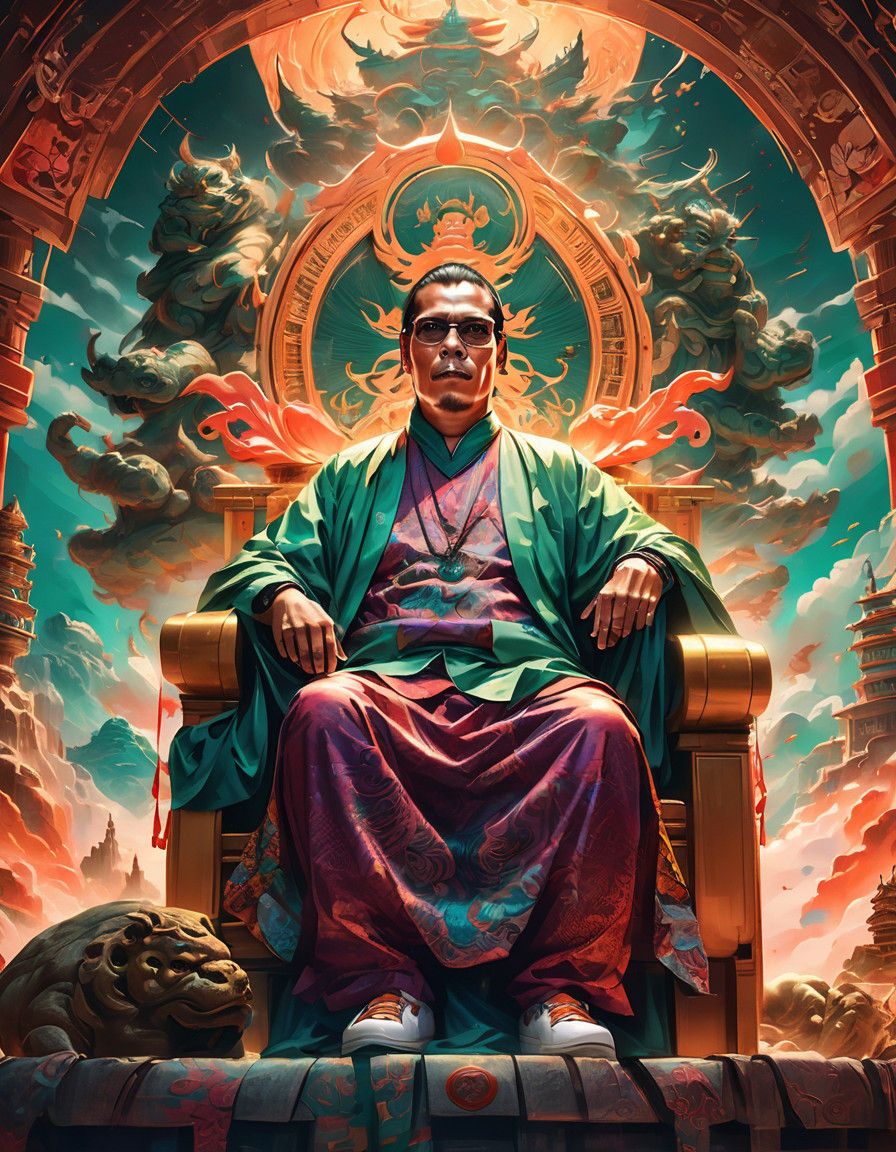 Eastern God Rides Clouds in Vibrant Concept Art Portrait