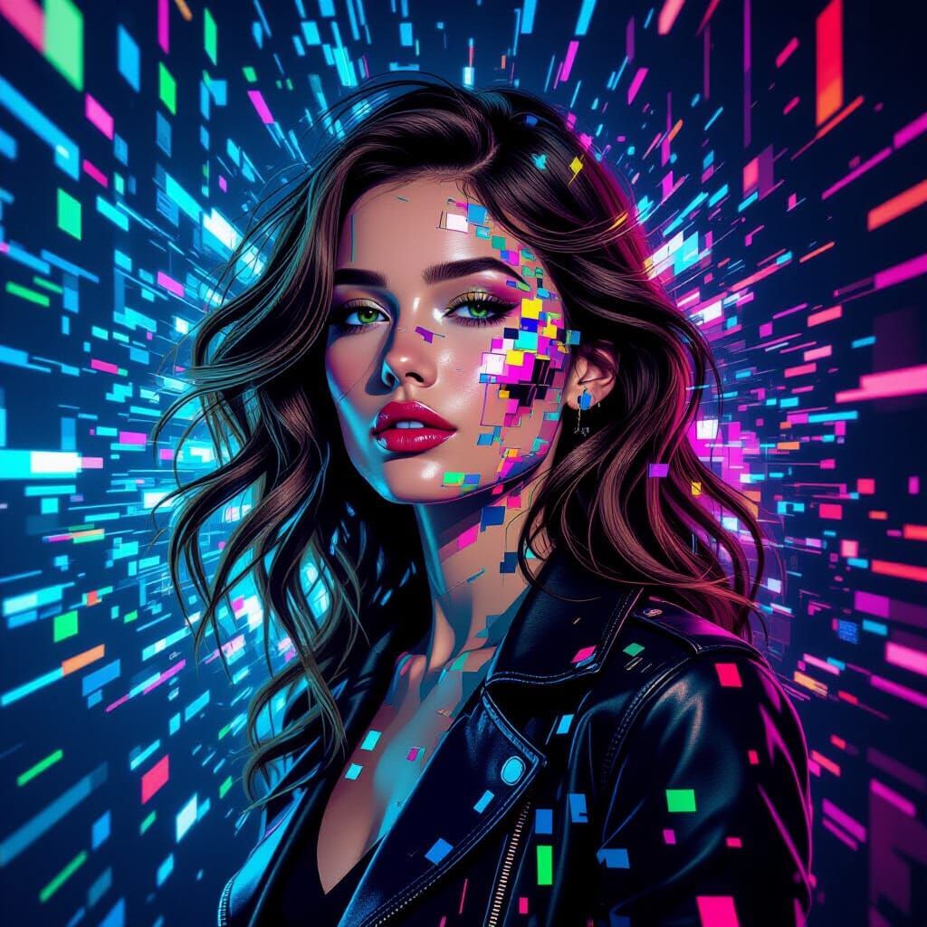 Woman Dissolving into Digital Shards in Cyberpunk Style