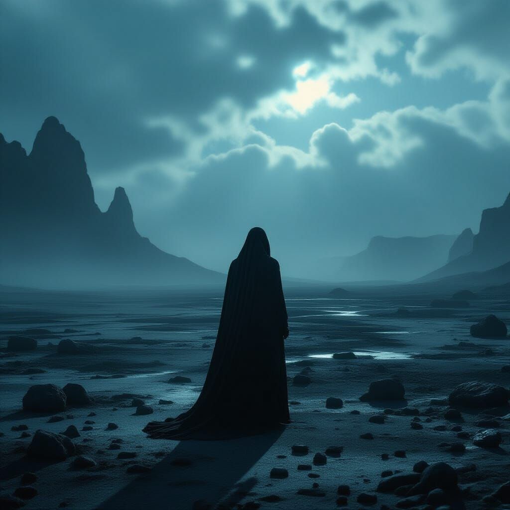 Mystical Figure in Desolate Landscape: Cinematic Film