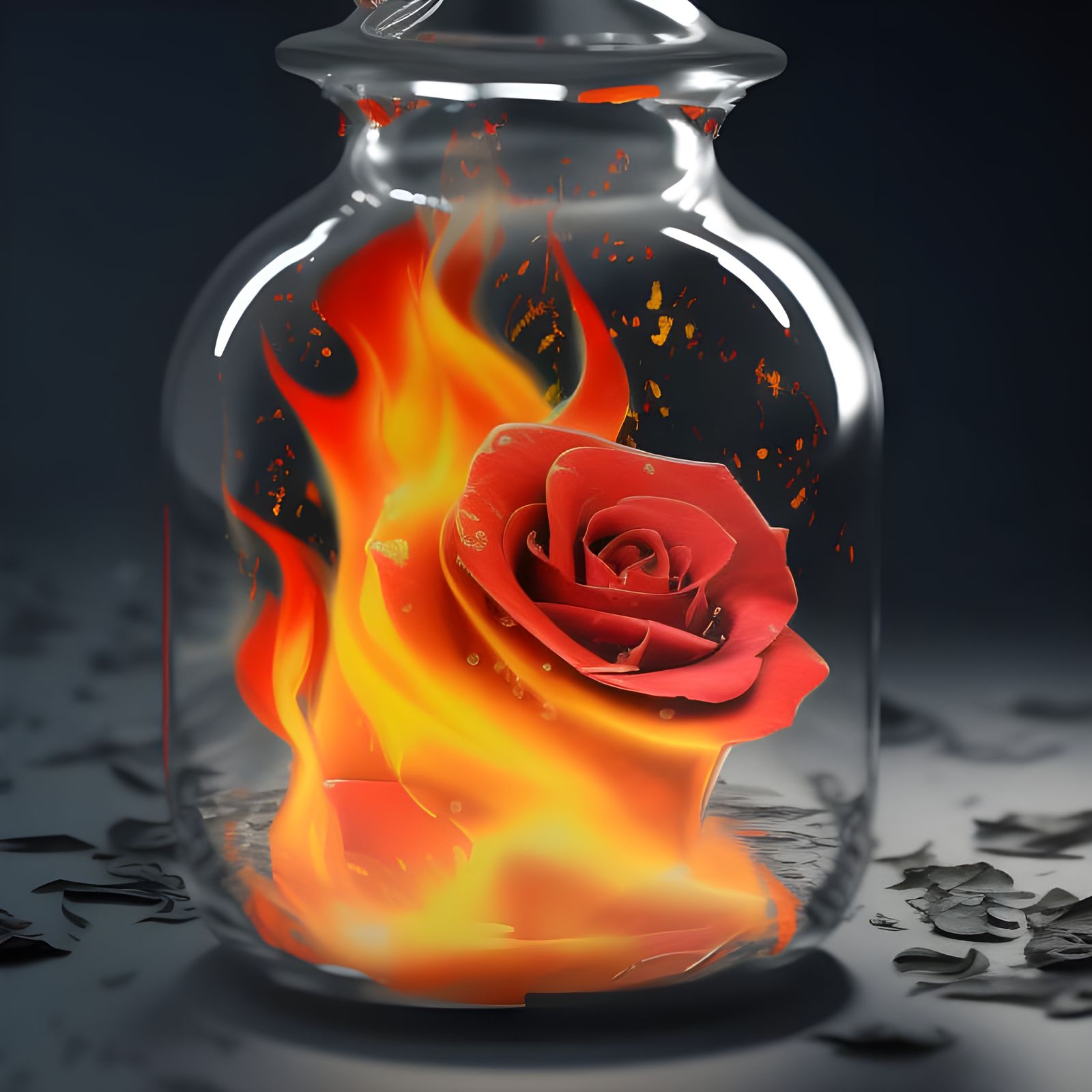 Burning Red Rose in Glass Flask