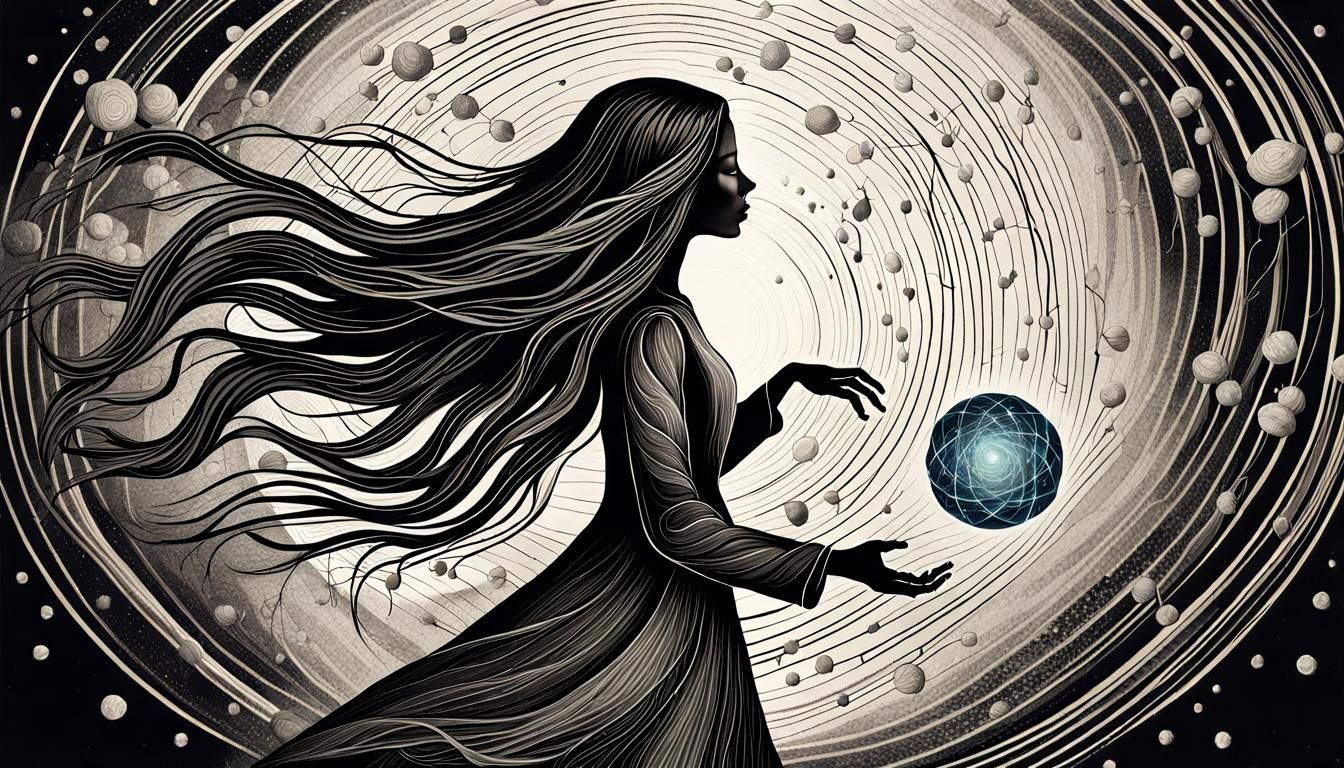 Woman with Atomic Nucleus in Surreal Watercolor