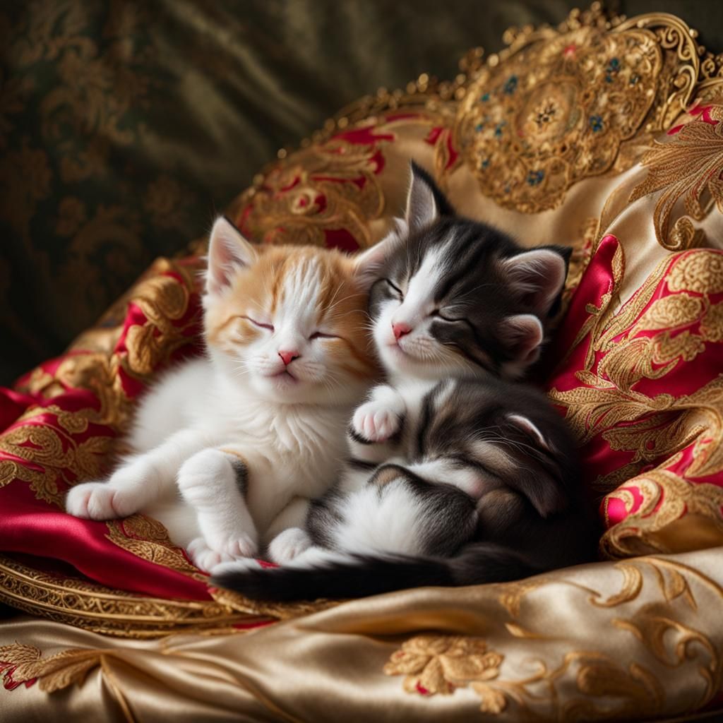 Sleeping Kittens on Embroidered Silk Cushion
