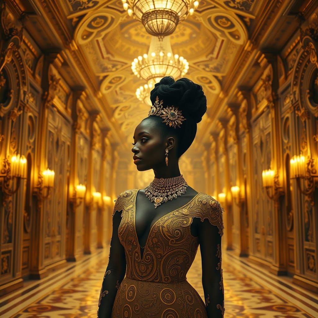 Elegant Woman in Giger-esque Hall, Klimt Golden Era