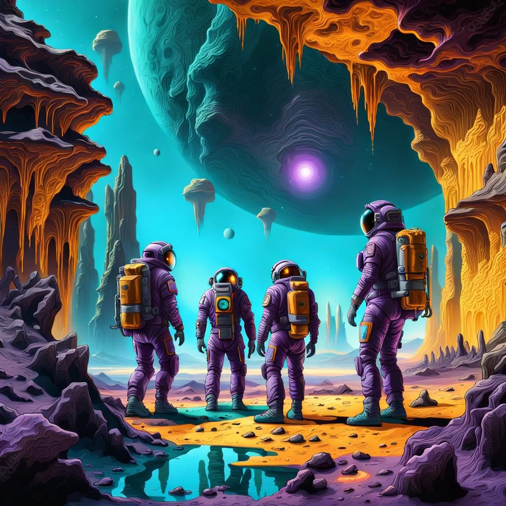 Astronauts Explore Alien World in Purple Spacesuits