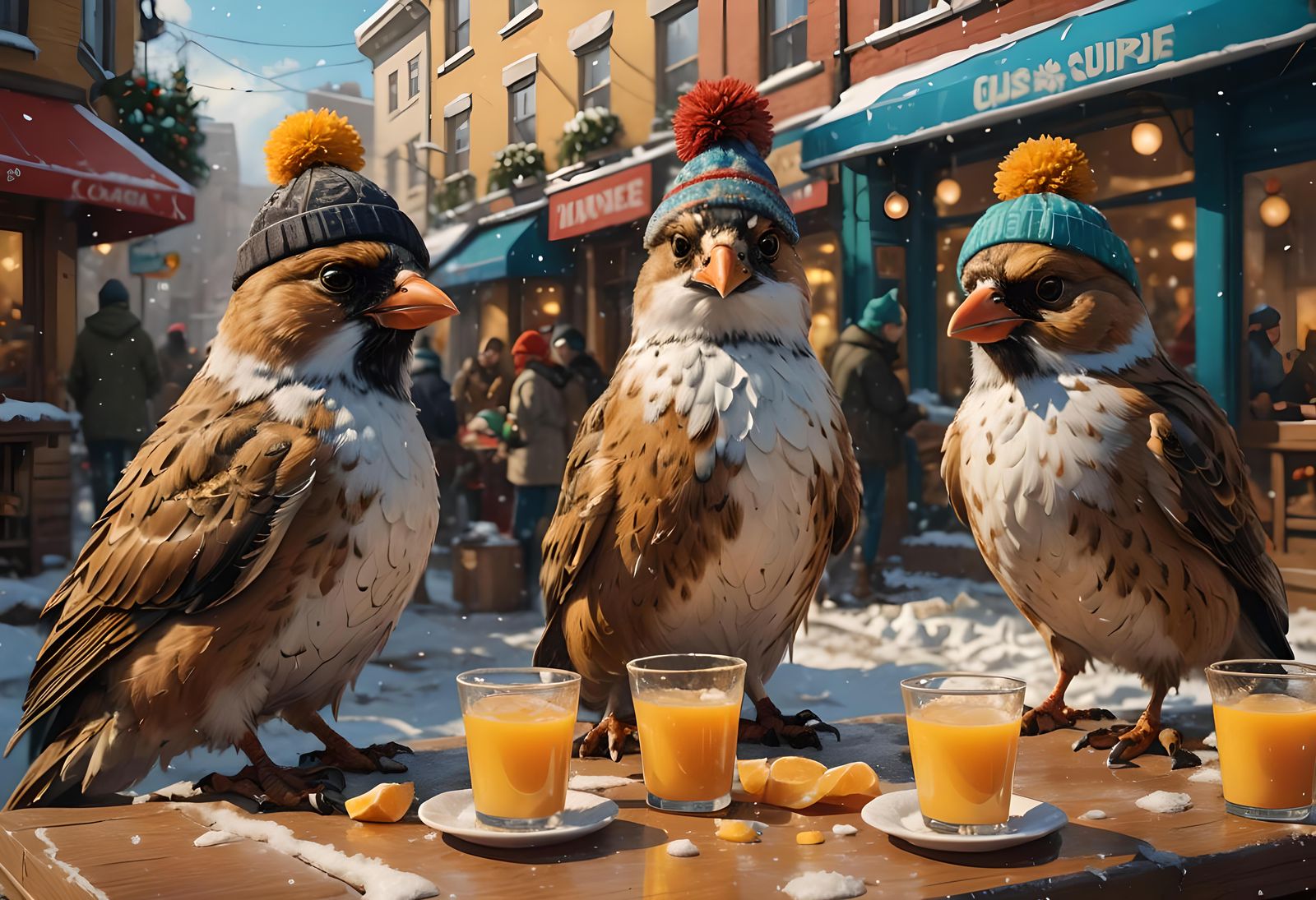 Winter Sparrows in Hyperrealistic Splash Art